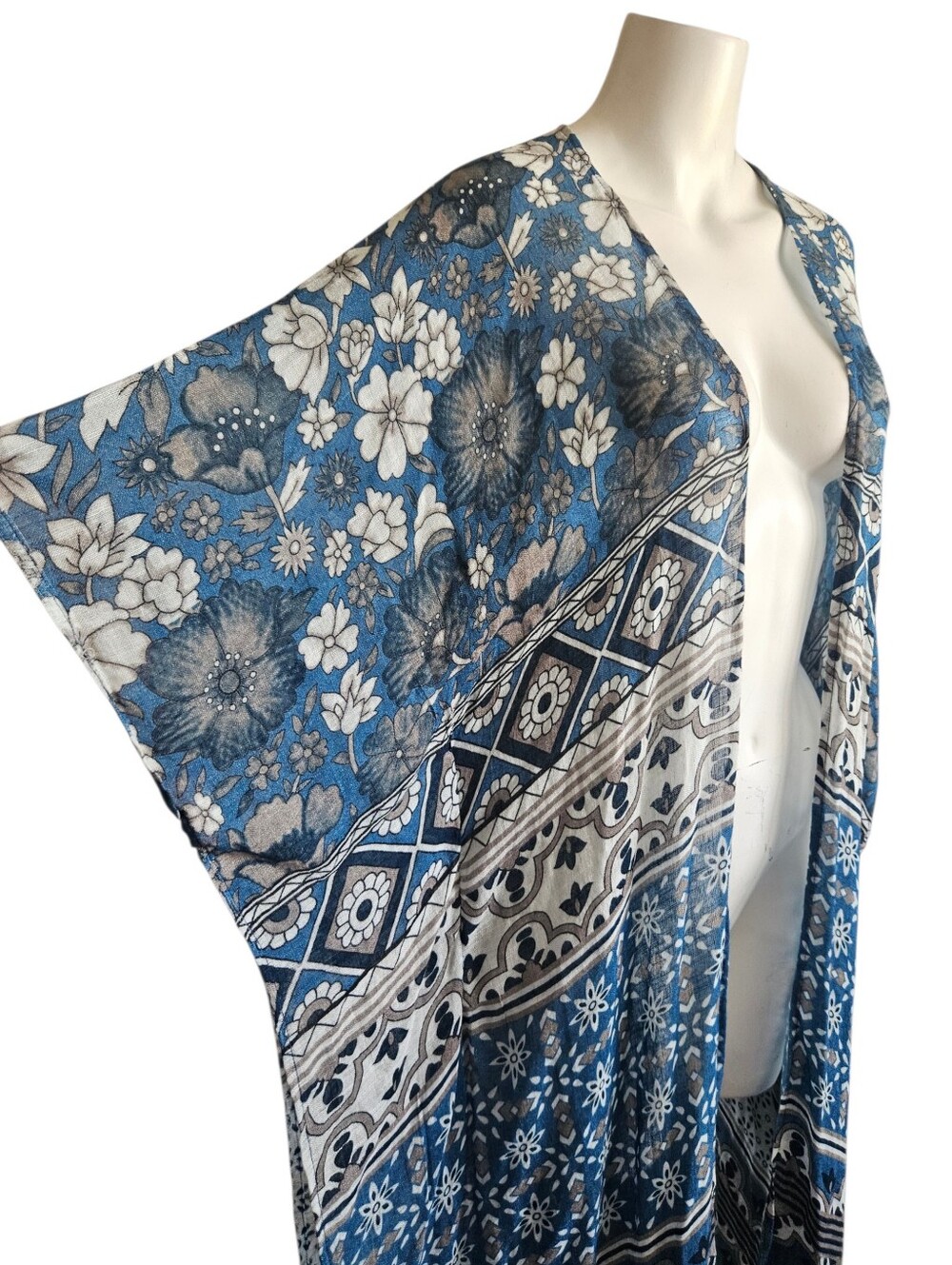 Nalini Boho Print Open Front Beachy Linen Blend Kimono OS Festival‎ Cardigan - Picture 3 of 11